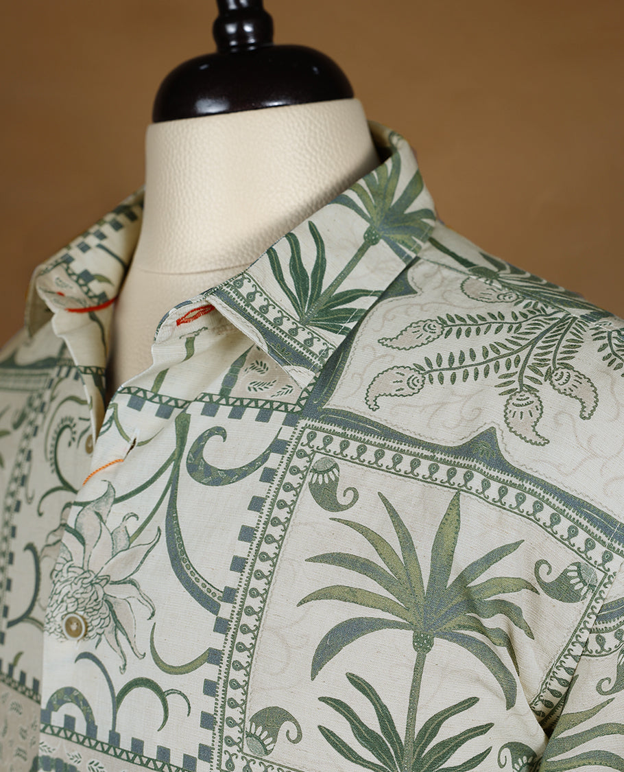 Ivory with Green Colour Printed OCTANE Half Sleeve Slim Fit Shirt for Men