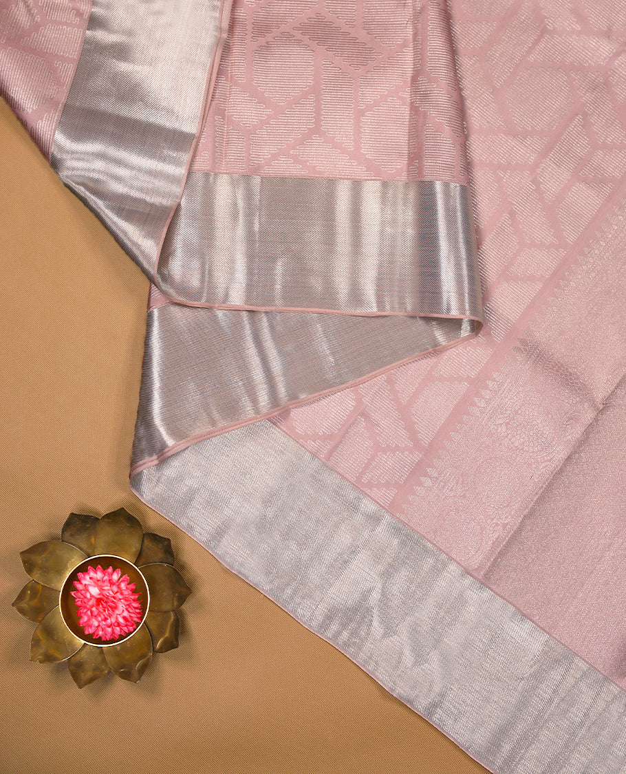 Rose Milk Colour Kancheepuram Wedding Silk Saree having Silver Zari Body and Border with Self Coloured Blouse