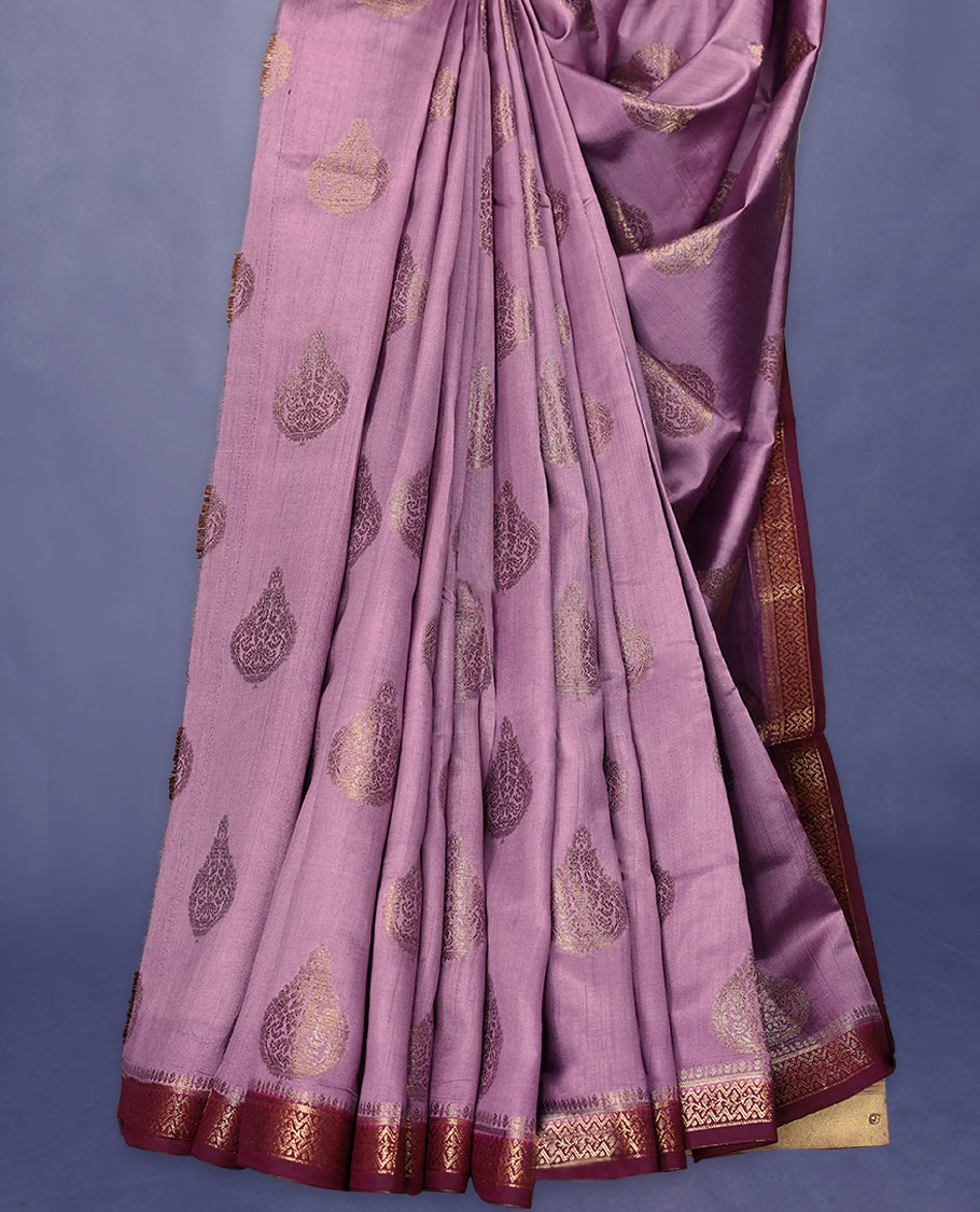 Onion Colour Pure Banaras Soft Silk Saree adorned with traditional antique zari motifs, paired with a hand dyed Dark Maroon antique style border and a matching blouse.