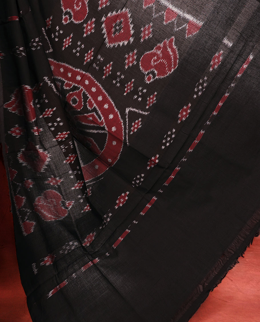 Grey and black colour Ikkat Pochampally saree featuring maroon & black abstract ikkat patterns on the body, traditional geometric ikkat design on the pallu, without Blouse
