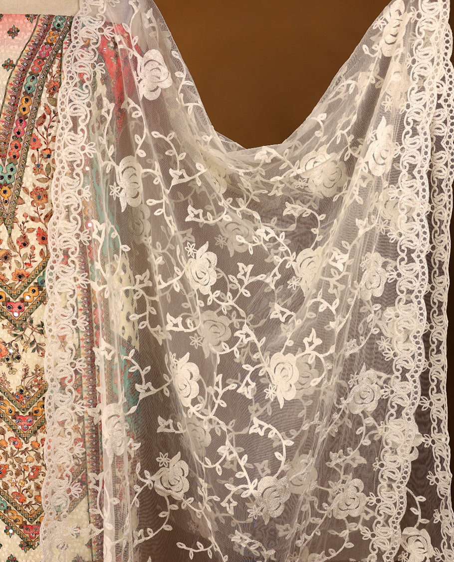 Cream Colour, Fully Mirror Worked Top having Multi Colour Prints with Bottom and Thread Worked Dupatta