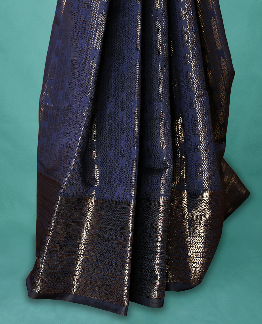 Navy Blue Art Soft Silk Saree showcases intricate silver zari work on the body and border, paired with a matching blouse