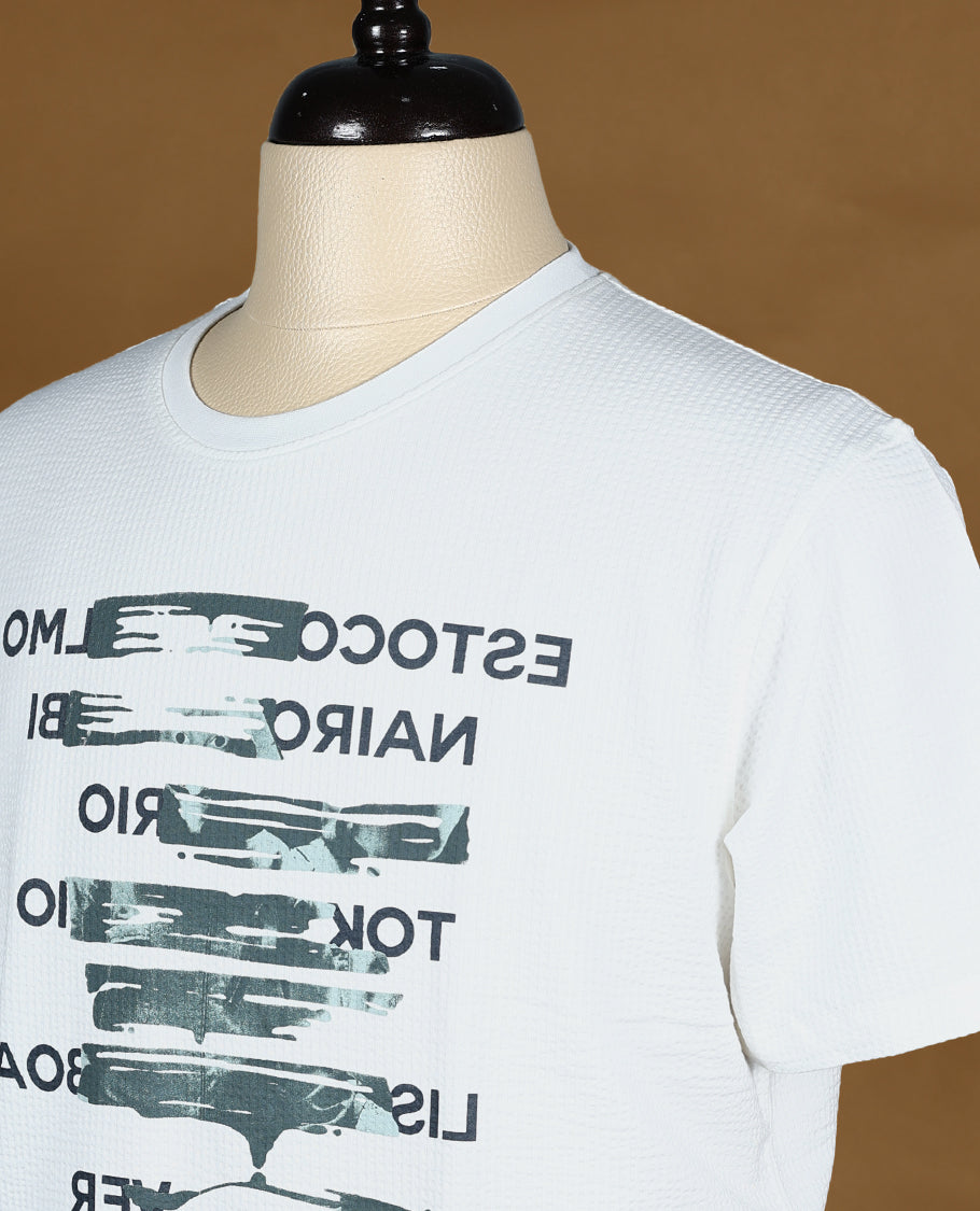 White men's graphic T shirt featuring bold text print inspired by Money Heist, with half sleeves and a crew neck, crafted from breathable soft fabric