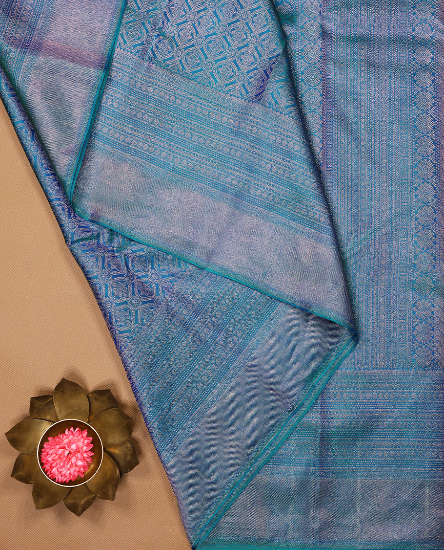 Dual Shade Peacock Colour Kancheepuram Wedding Silk Saree having Worked Body and Border with Self Coloured Blouse