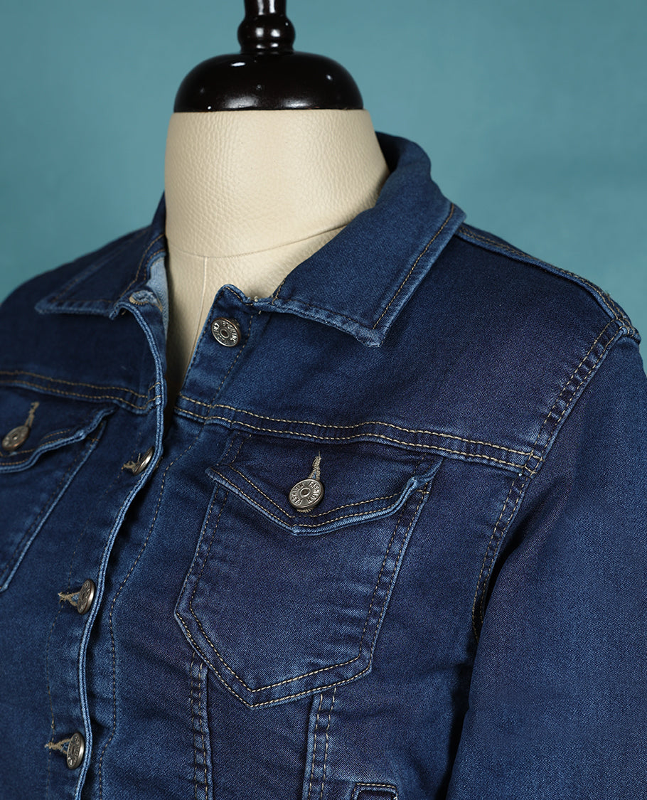 Blue Colour Solid Spread Collar Denim Jacket for Women