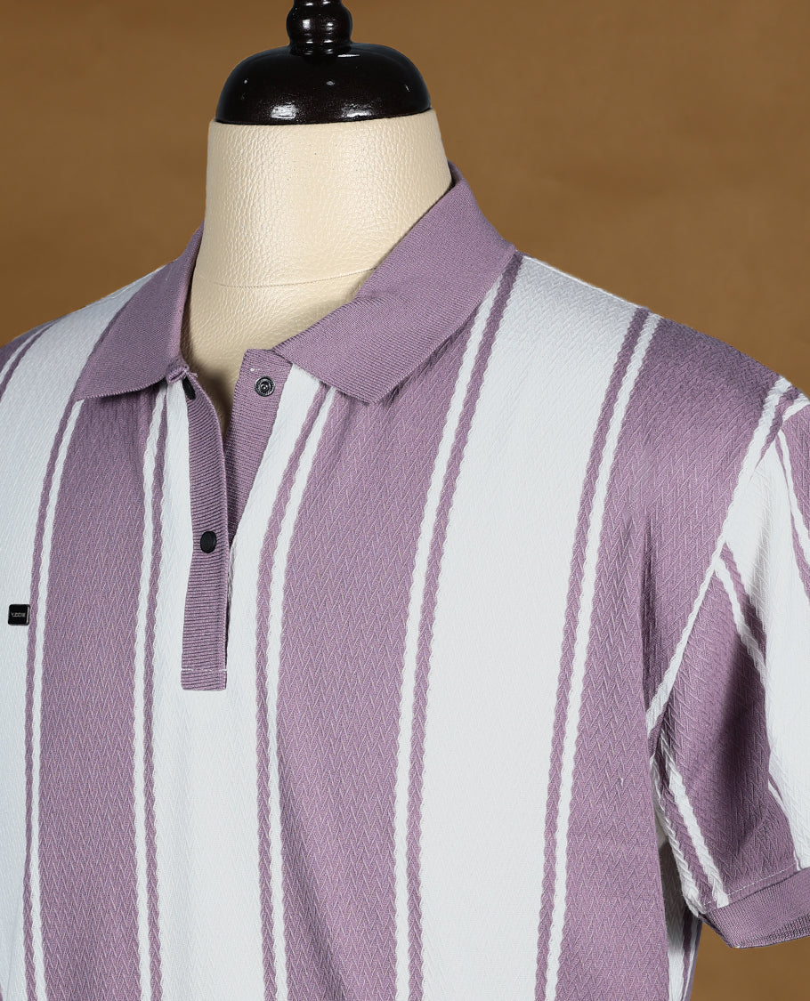 Mauvo and white striped men’s polo T shirt featuring a classic collar with button placket, short sleeves, and a regular fit crafted from soft, breathable fabric for everyday comfort and style