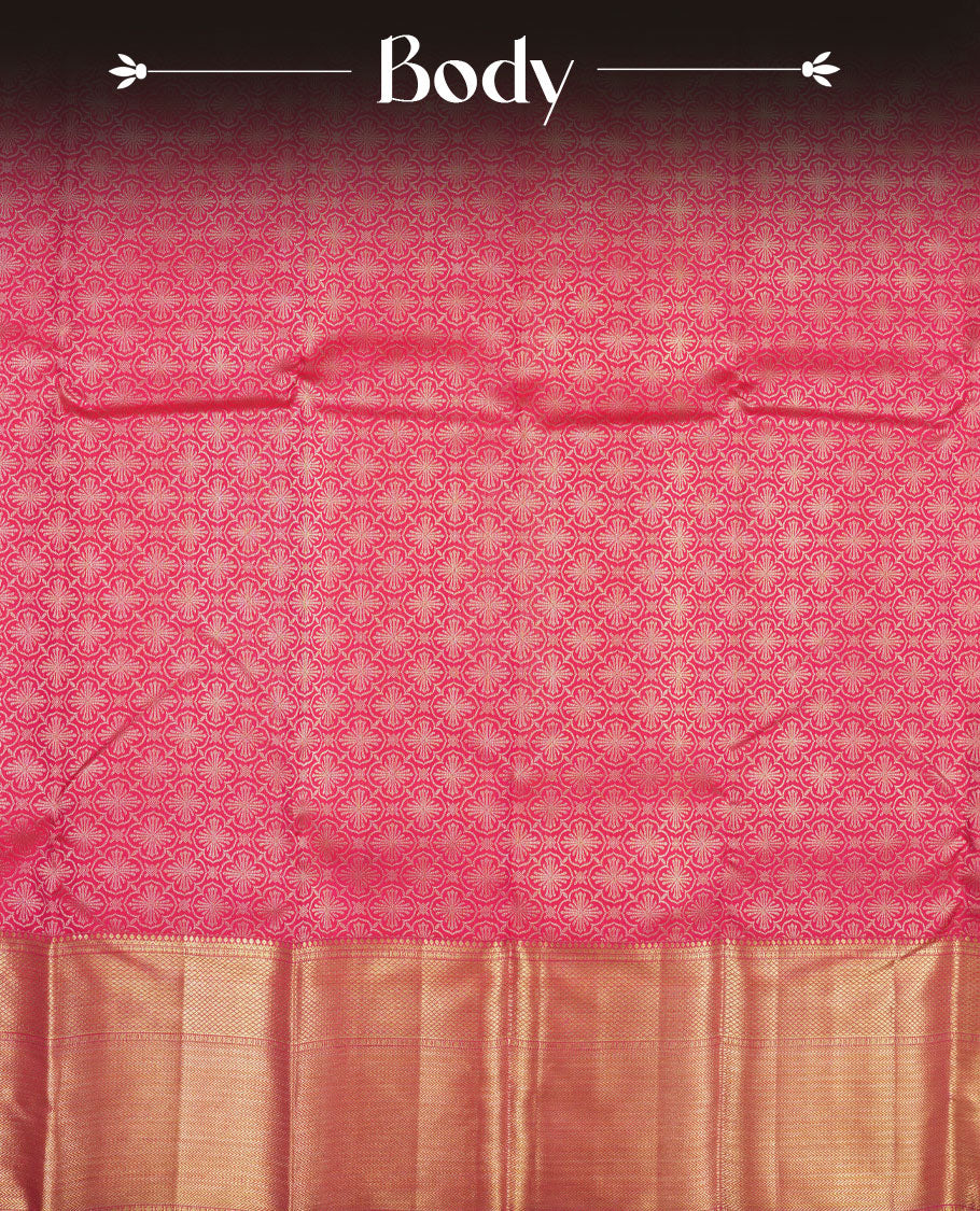 Red Rose colour Kanchipuram pattern Manthrakodi saree featuring floral motifs zari antique gold jacquard kanchipuram traditional small diamond & banarasi zigzag gold zari border and plain blouse piece with zari border.