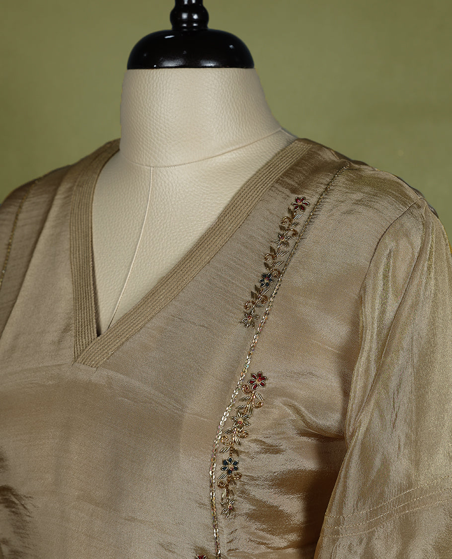 Dark beige coloured stylish kurthi without slit, featuring a V neck design adorned with intricate cut bead, sequin, and thread work, for women