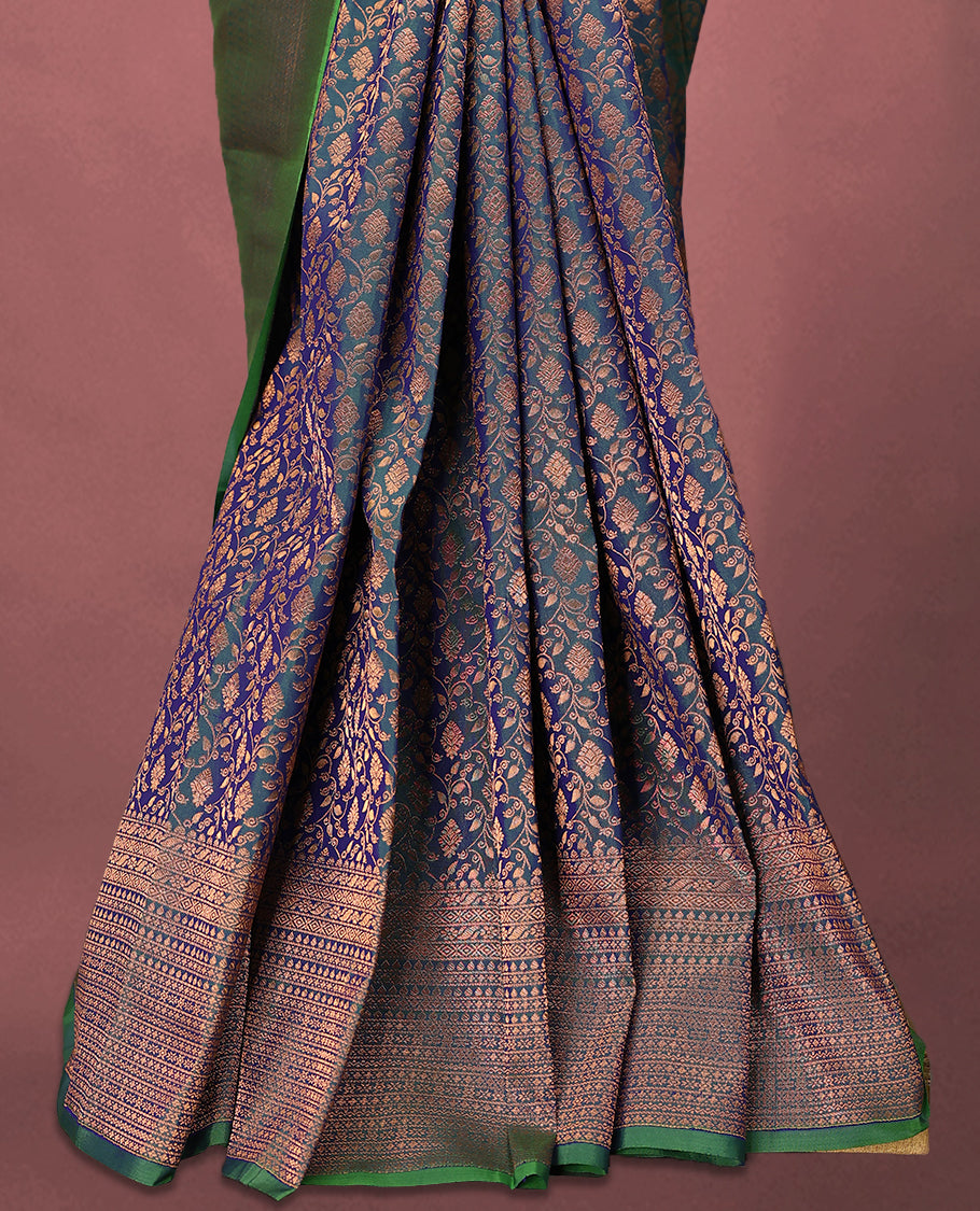 Double Shade Peacock Kancheepuram Colour Silk Brocade Saree having Brocade Body with Self Coloured Brocade Border and Blouse