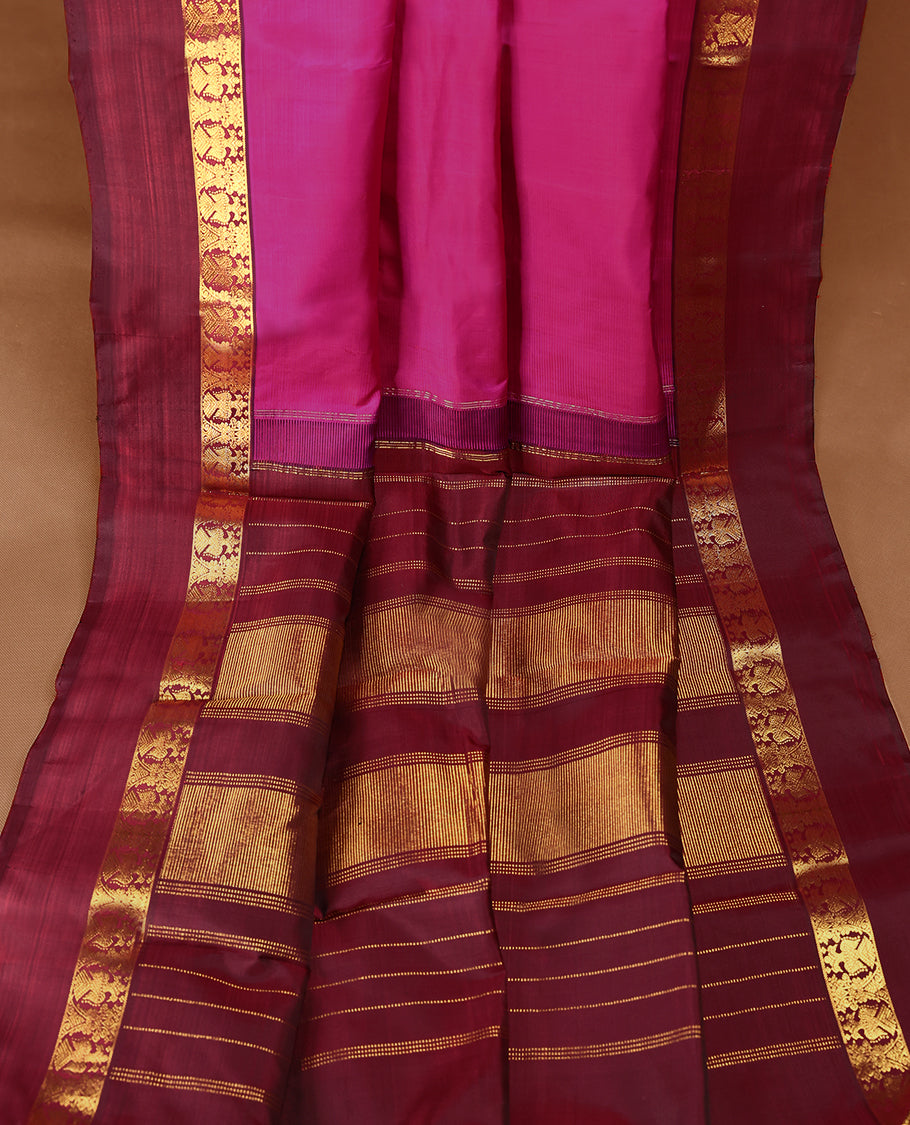 Dark Pink Colour Pure Kancheepuram Traditional Silk Saree having Plain Body with Contrast Border and Blouse
