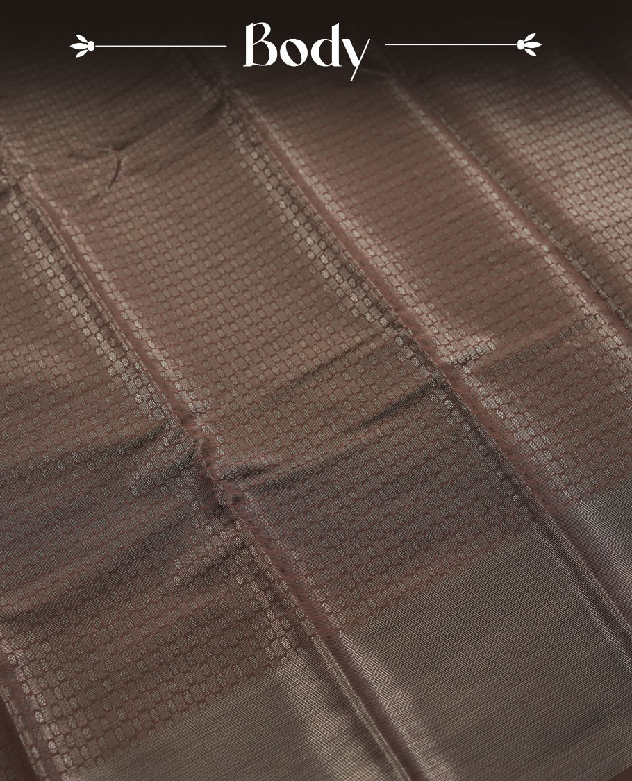 Chocolate colour semi silk saree featuring neem zari Brocade Pattern all over the body, complemented by a Self Colour woven border with detailing, Pallu & blouse.