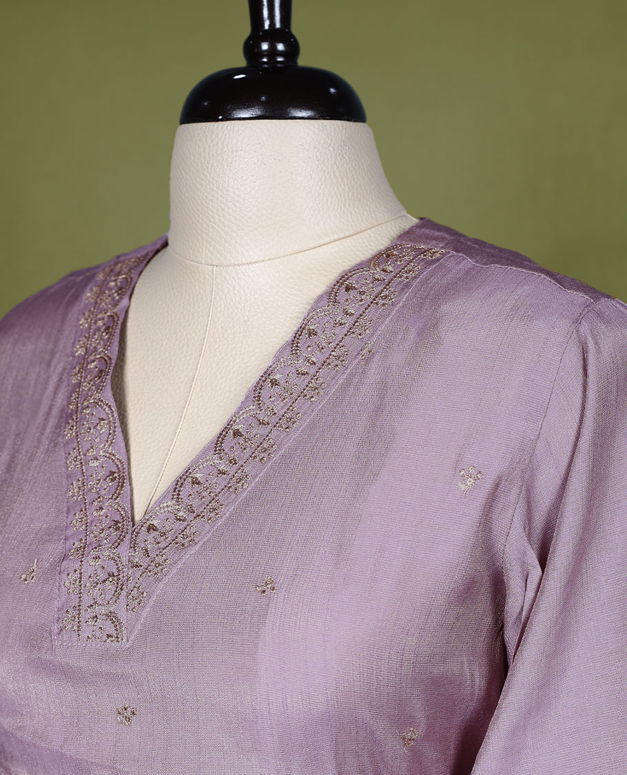Pastel onion Colour V neck Readymade kurti with golden embroidery for women, featuring 3/4 sleeves.