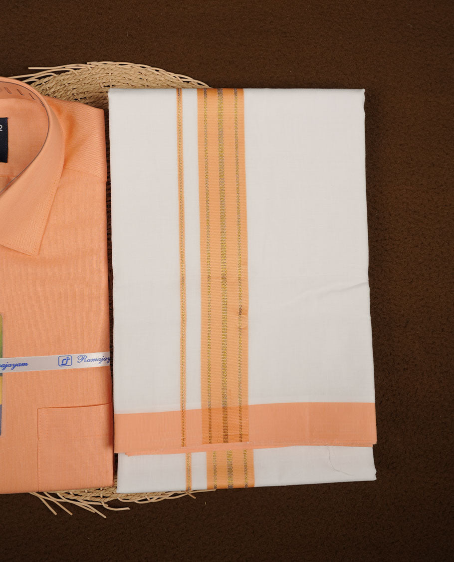 Light orange Colour shirt paired with a matching dhoti, finished with a Light orange and gold border.