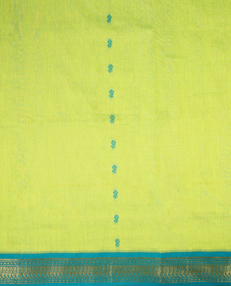 Lemon Green colour mixed Kalyani cotton saree featuring Contrast zari motifs throughout the body, paired with a Bluish Green colour traditional border and pallu, with matching blouse