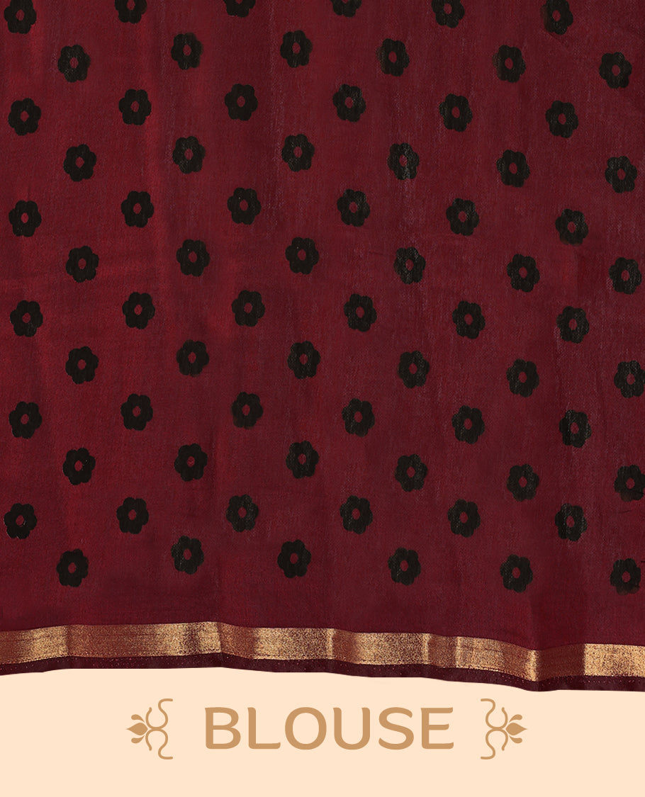 Black colour chanderi cotton saree with floral printed body, maroon border with traditional floral motifs, intricately designed pallu with peacock and floral patterns, with matching blouse