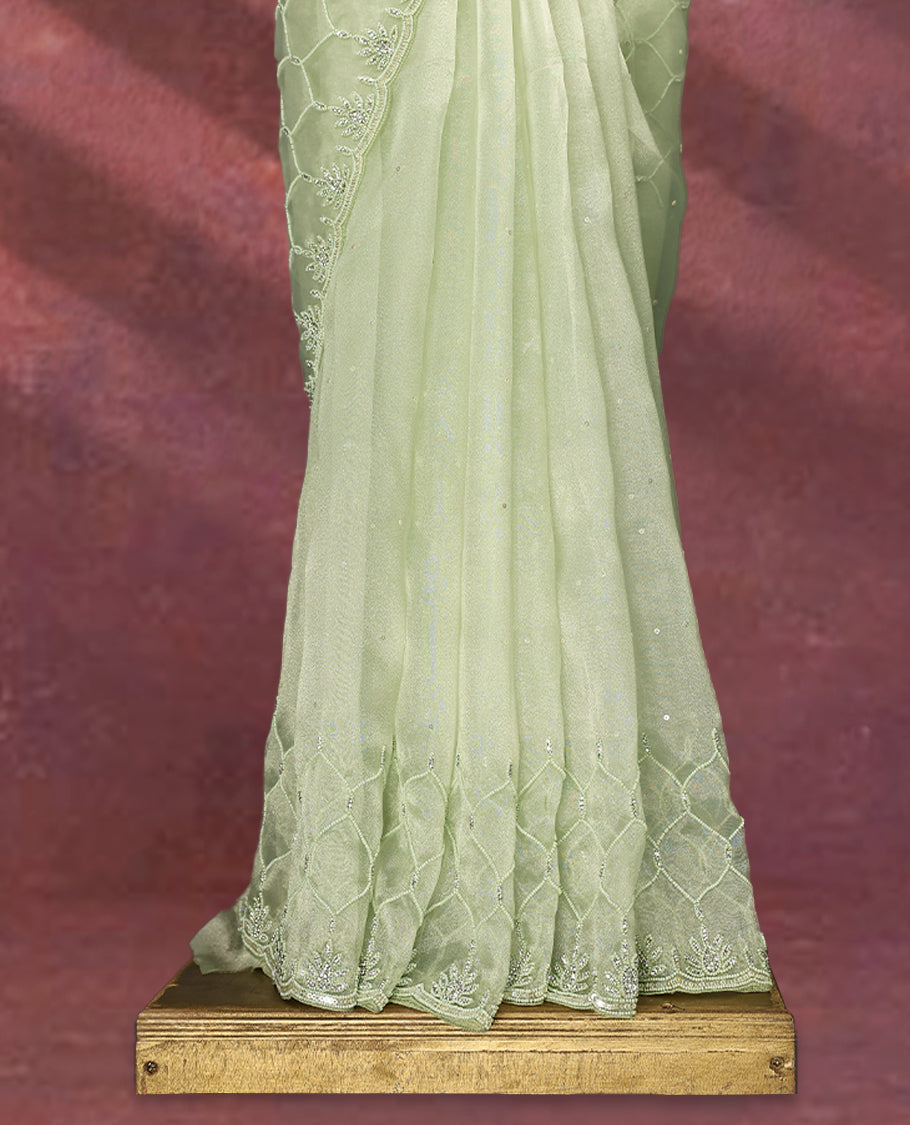 Light Pastel green colour pure organza saree featuring sequin work all over the body, adorned with a heavily embellished border with beads, stones, and sequins, complemented by a worked pallu and paired with a matching embellished blouse
