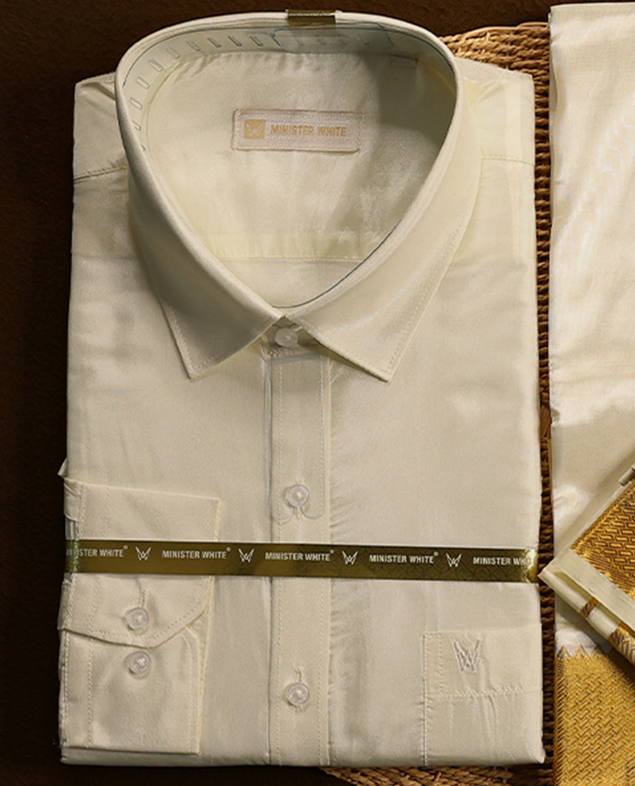 Cream gold coloured silk wedding shirt, dhoti, and towel set from MINISTER WHITE, featuring a gold zari border.