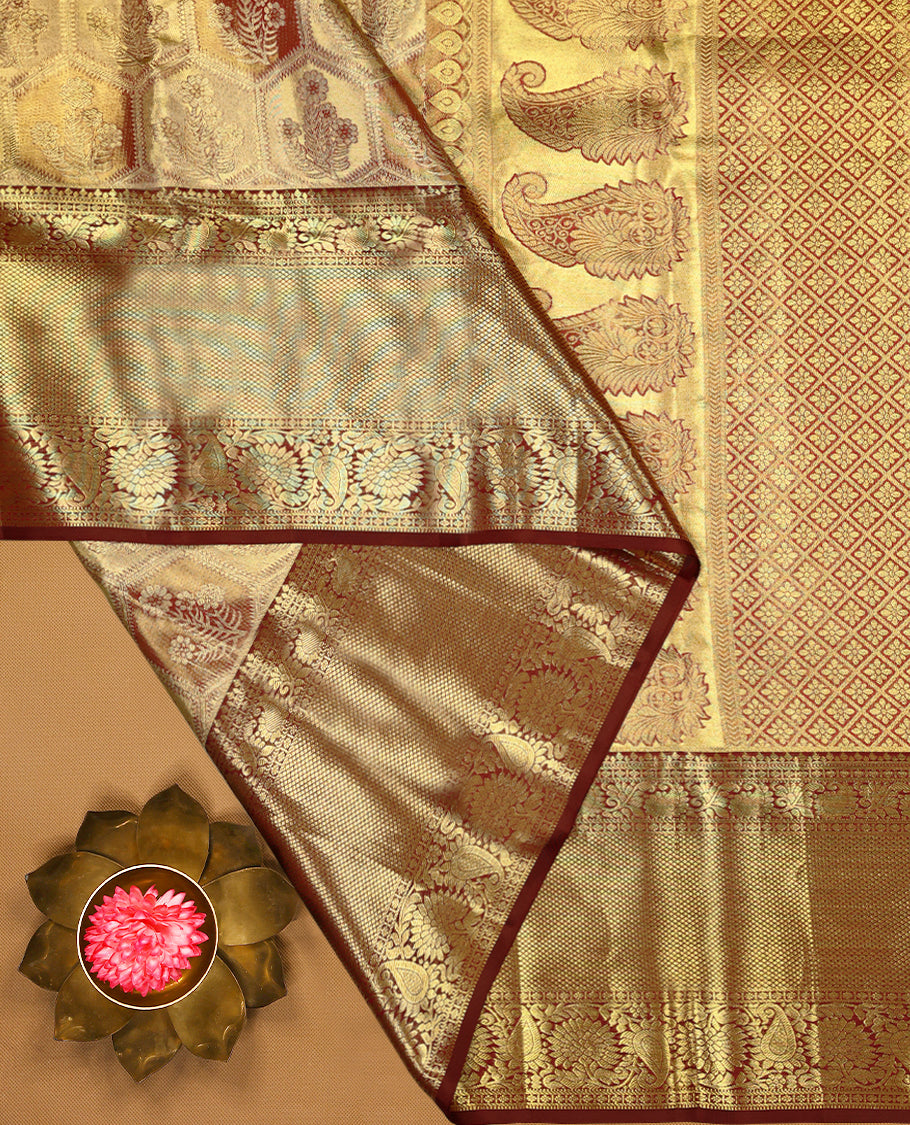 Golden Colour Pure Tissue Wedding Saree having Zari Worked Body with Dark Maroon Brocade Border and Blouse