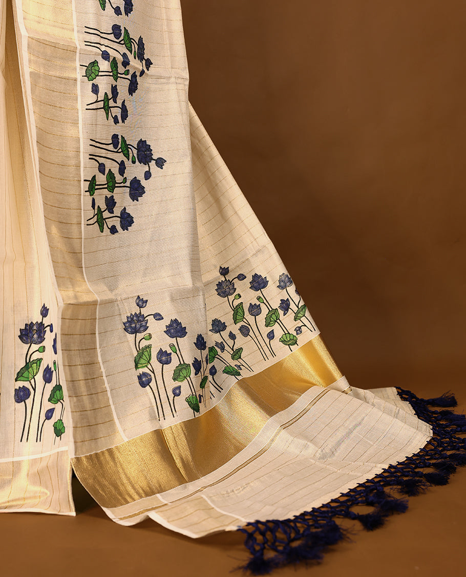 Light Golden Elegant Kerala Tissue saree with striped Body, paired with Kasavu border having Lotus Prints & a matching blouse