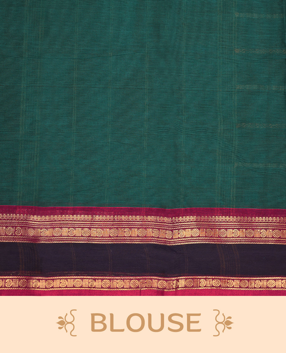 Rama Green Colour Mixed Chettinad Cotton Saree having Thread Worked Body with Contrast Border and Self Coloured Blouse