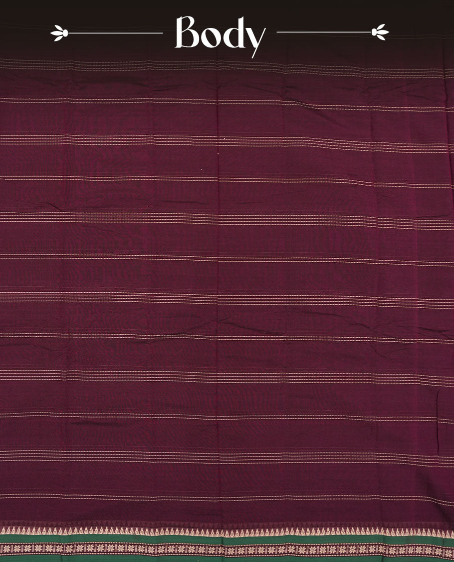 Maroon colour Narayanapattu cotton saree featuring a Cream colour striped pattern on body, contrast Green colour with cream zari border and pallu, pairing a matching blouse piece.