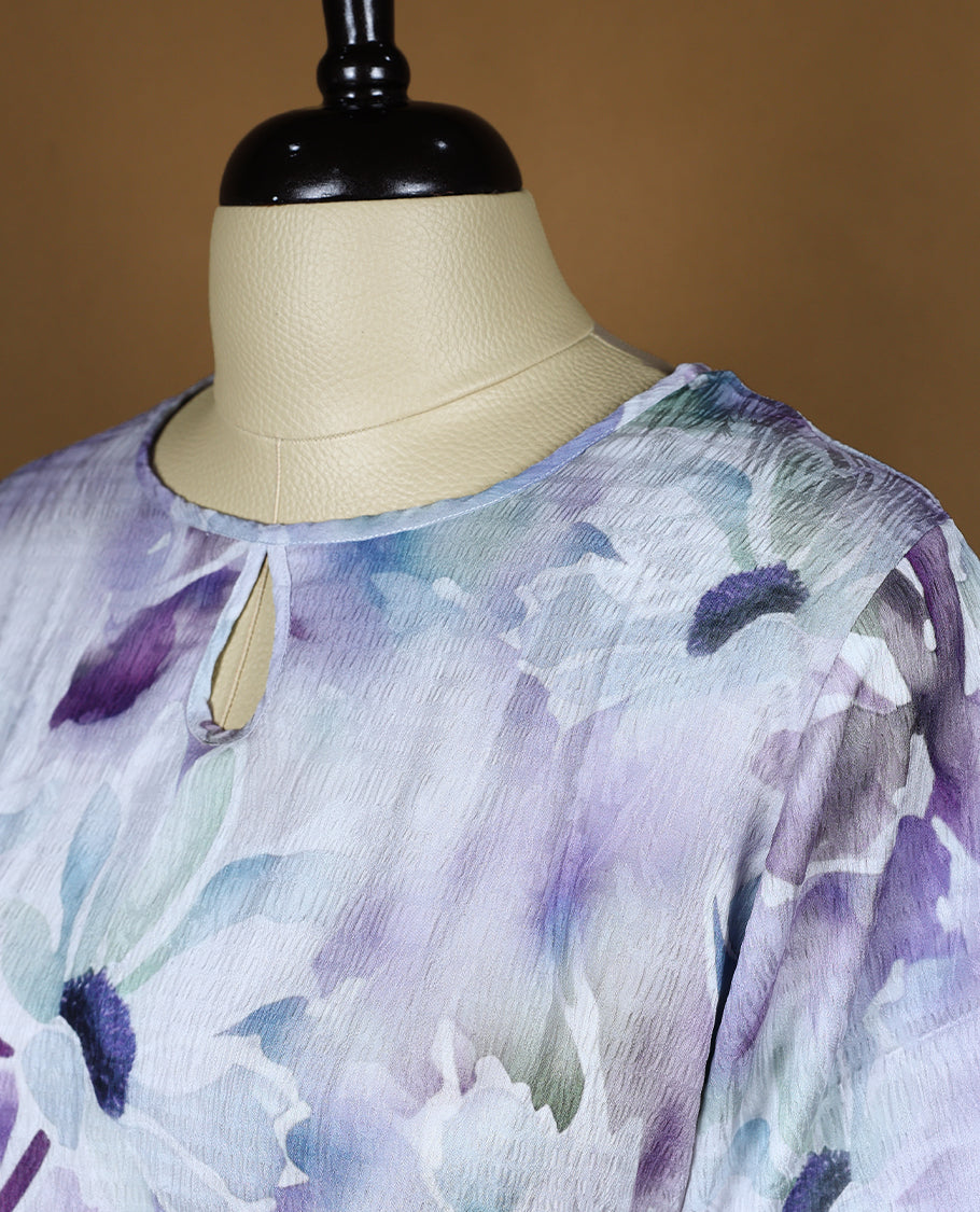 Light Purple Colour Readymade Floral Printed Short Top For Women with 3/4th Sleeves