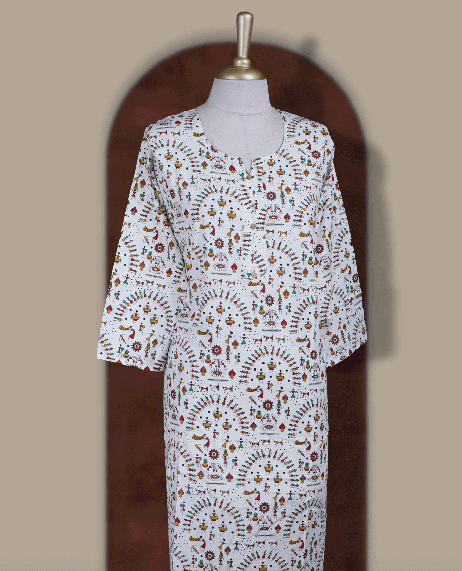 Off white colour printed kurthi featuring intricate multicolour traditional motifs, Crafted from soft cotton for all day comfort, it comes with a round neckline, 3/4th sleeves.