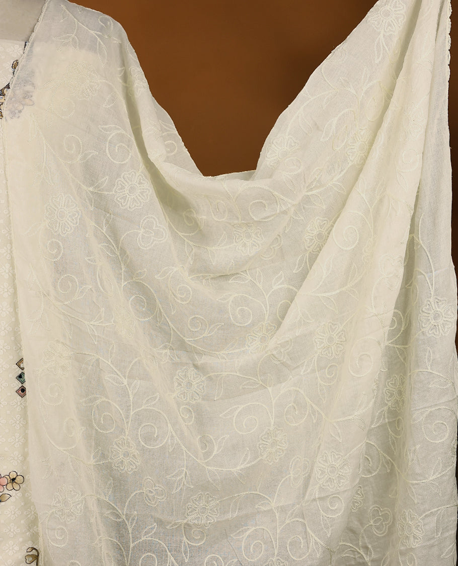 Off White Colour, Thread Worked Top having Multi Colour Prints with Bottom and Thread Worked Dupatta