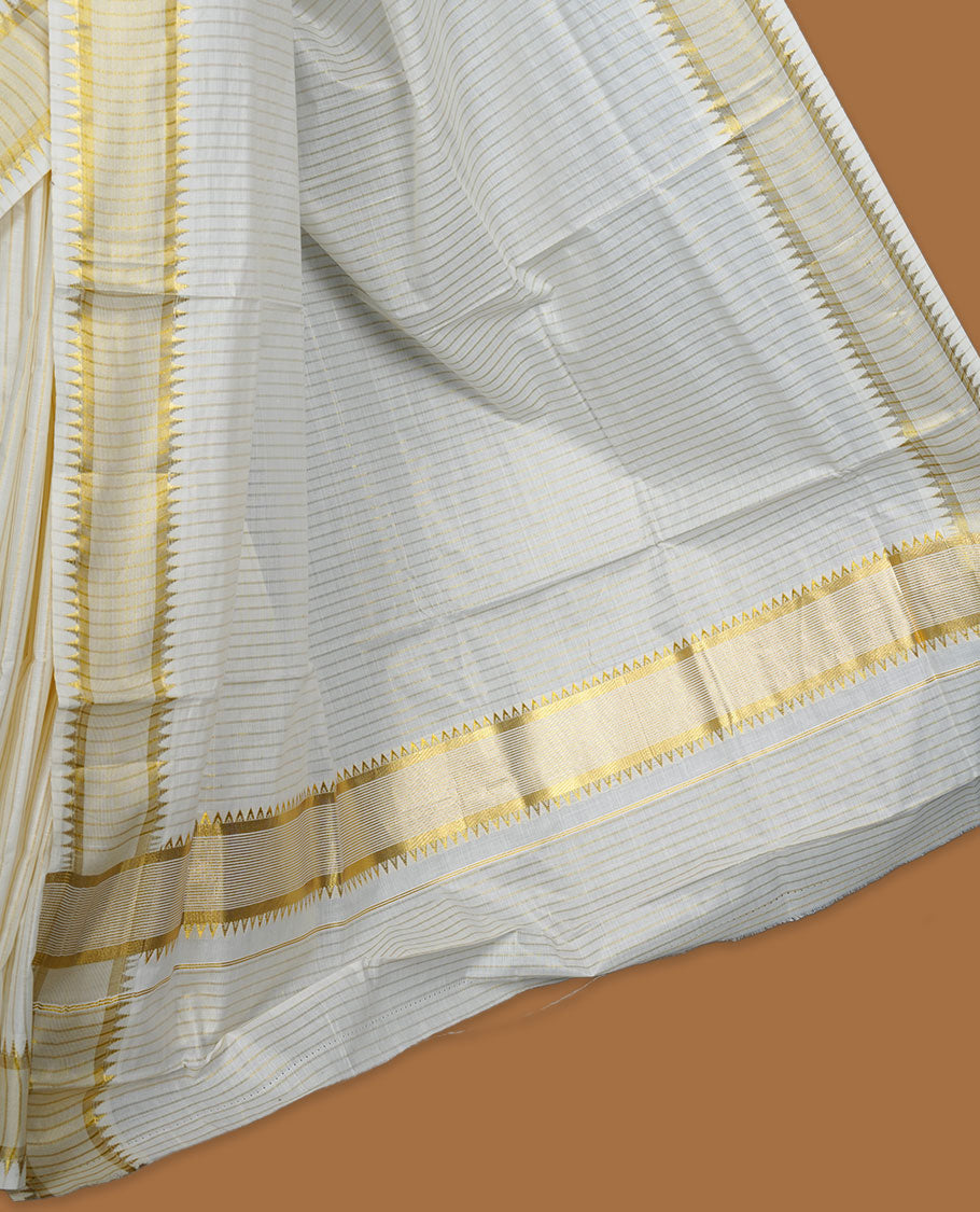 Off white colour cotton Kerala saree featuring fine golden striped motifs, complemented by a classic golden zari border and traditional pallu, paired with a matching blouse.