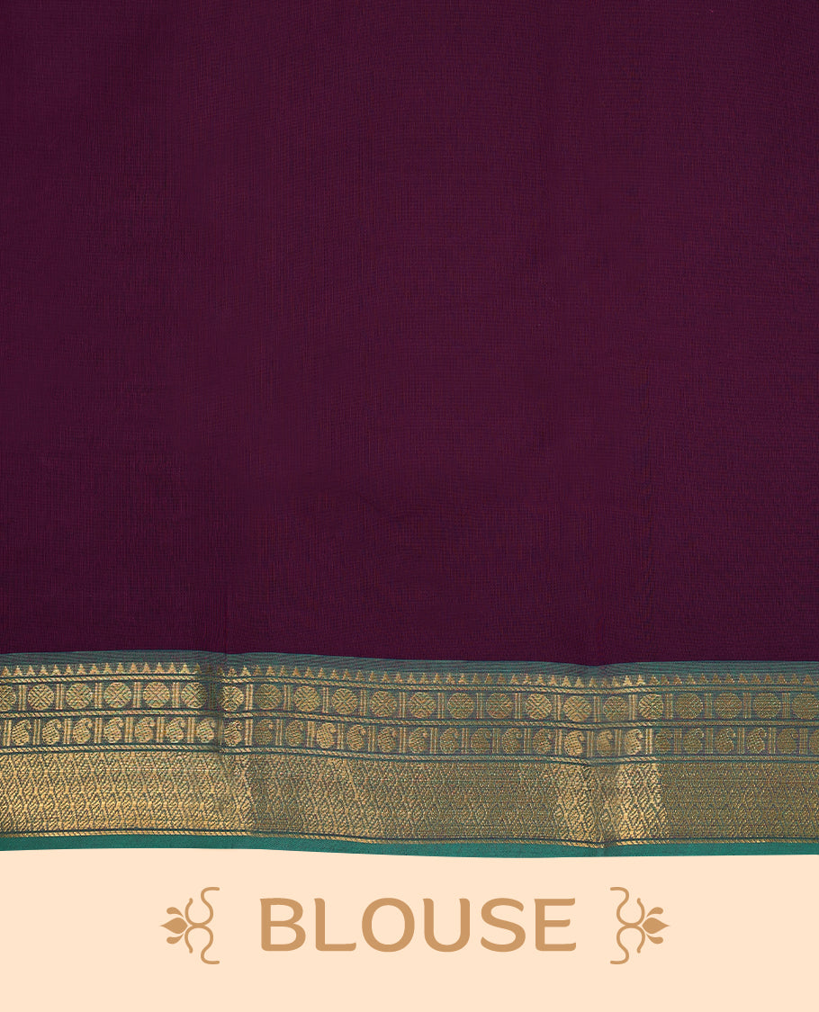 Grape Colour Mixed Chettinad Cotton Saree having plain Body with Contrast Border and Self Coloured Blouse