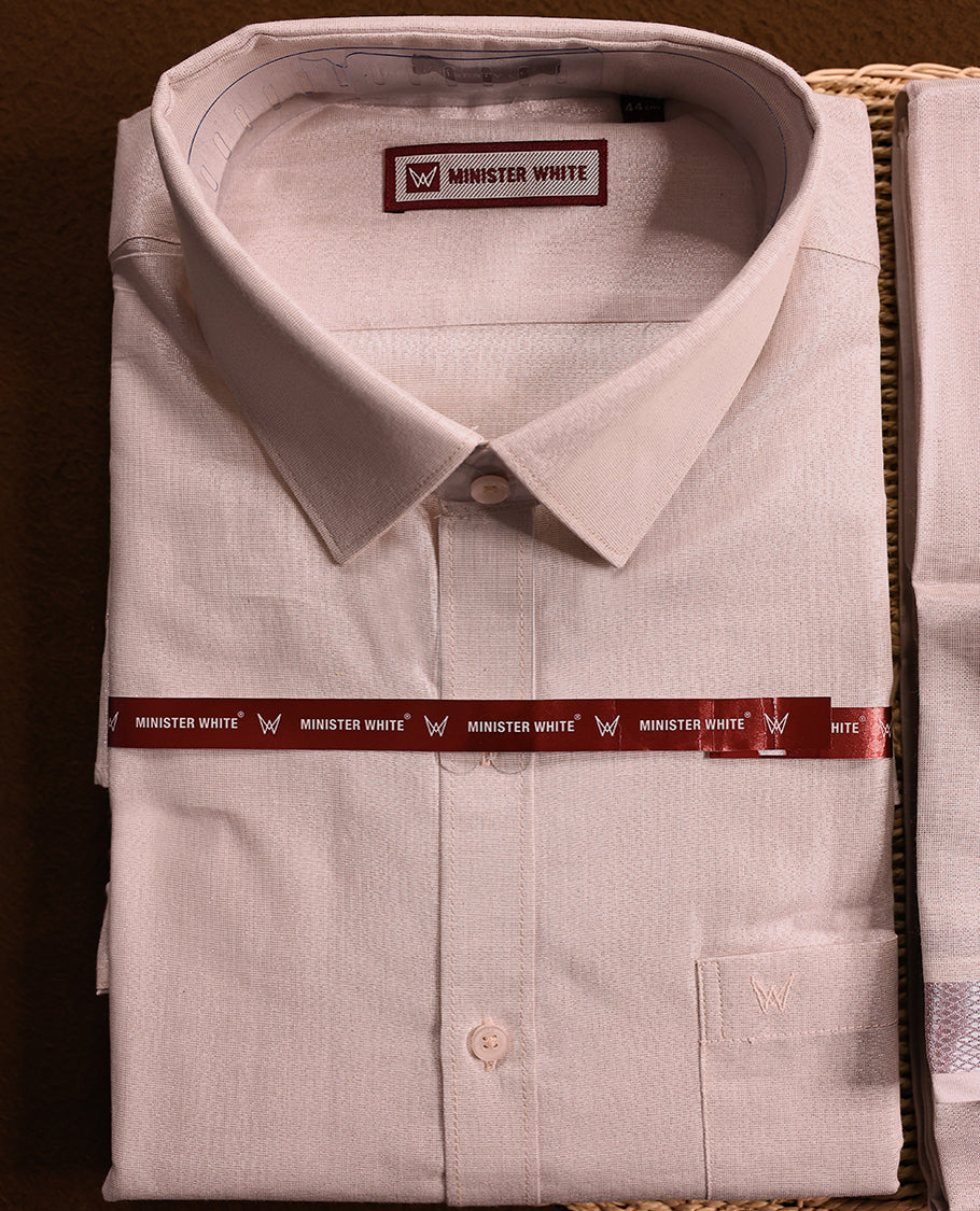 Light Rose tissue wedding shirt and dhoti set from MINISTER WHITE, adorned with a matching Rose zari border.