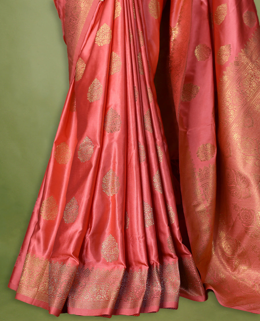 Peach Colour Semi Banarasi Saree having Golden Buttas in Body with Worked Border and Blouse