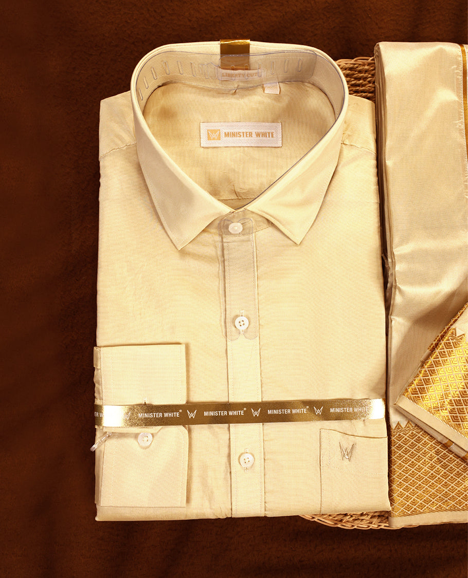 Fawn gold coloured silk wedding shirt, dhoti, and towel set from MINISTER WHITE, adorned with an elegant gold zari border, making it an ideal choice for weddings, festive occasions, and traditional celebrations.