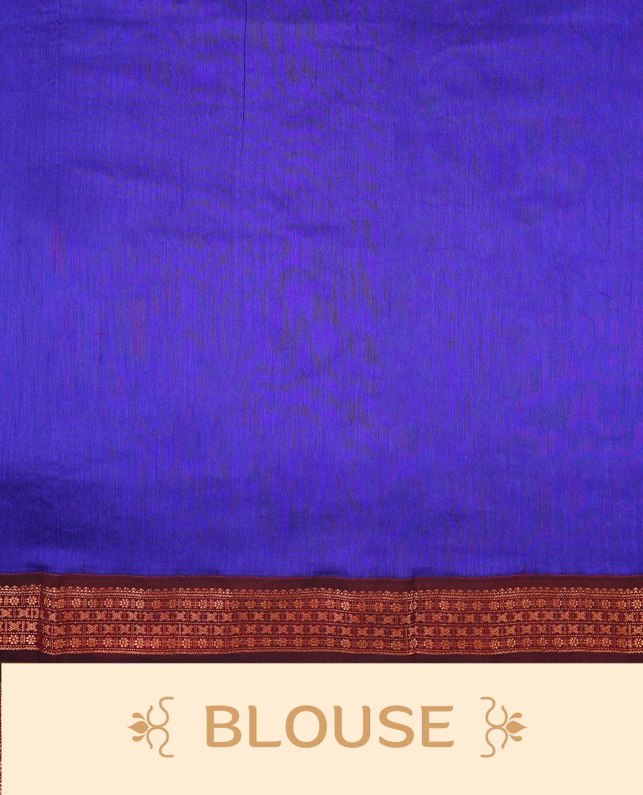 Blue colour mixed Kalyani cotton saree featuring Plain body, paired with a Maroon colour traditional border and pallu, with matching blouse