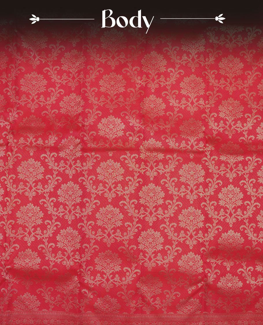 Red rose colour Kanchipuram pattern Manthrakodi saree with antique zari floral design, with brocade design & self zari pallu, elegant zari border, and zari jacquard blouse piece.