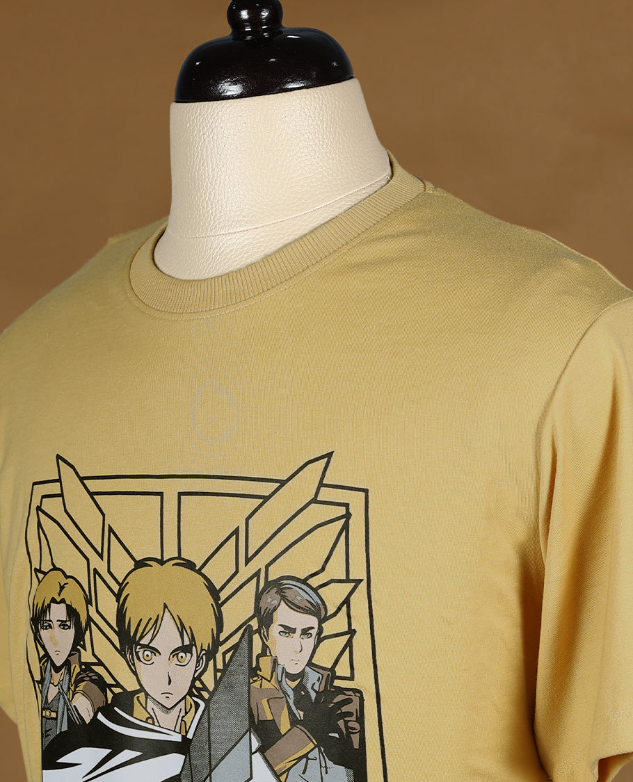 Mustard colour men's T shirt featuring bold anime character print with Japanese text, made from soft fabric with half sleeves and a crew neck for a stylish and comfortable fit