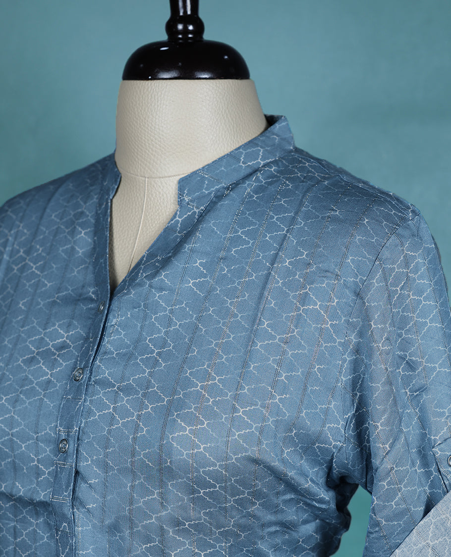 Dusty Blue Colour Printed Mandarin Collar Short Sleeve Top for Women.