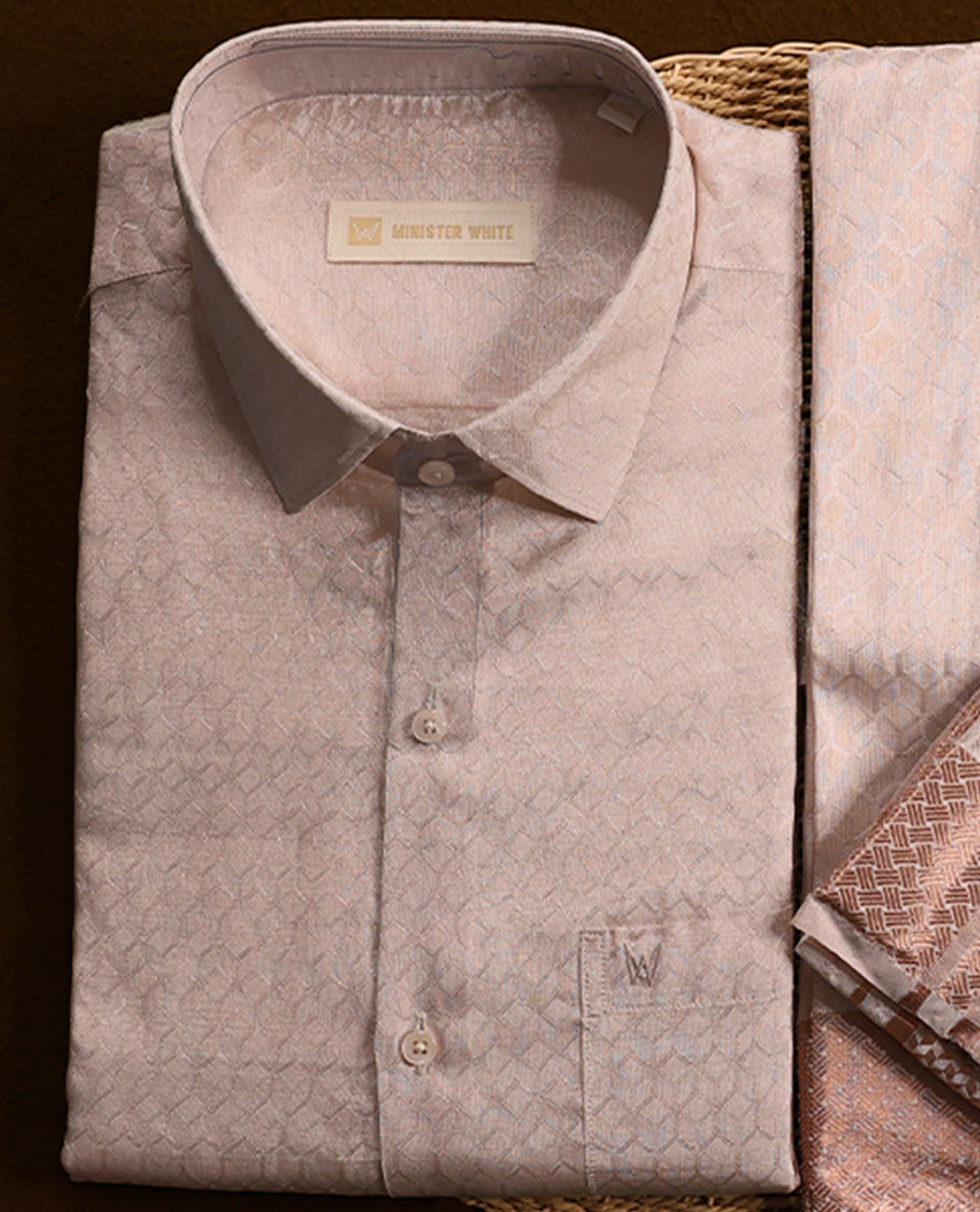 Light Copper Colour silk wedding shirt, dhoti and towel set from MINISTER WHITE made from premium fabric and featuring rich zari detailing