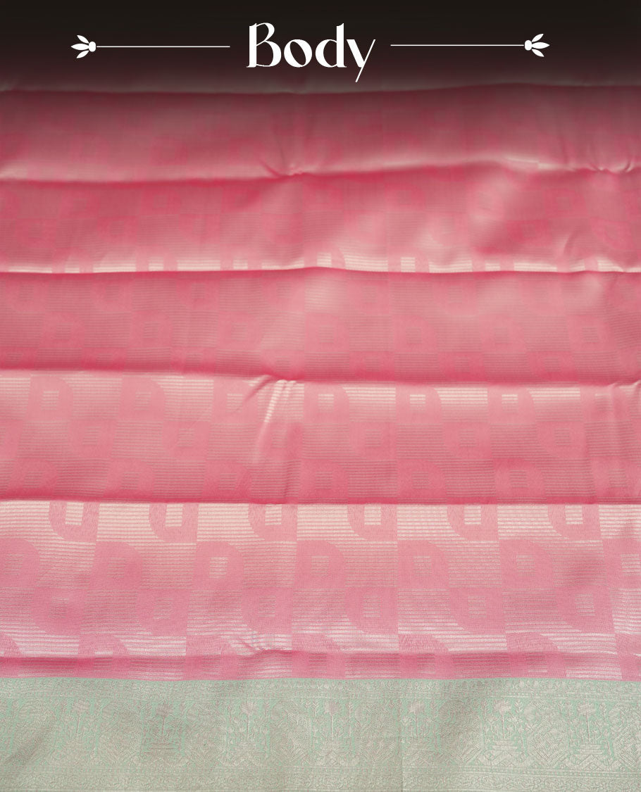 Baby Pink colour Semi Silk Saree with Self-Checked Geometric Patterns, Contrasting Silver Zari Woven Pallu and Border with Intricate Motifs and Tassels, Paired with Coordinated Blouse Piece