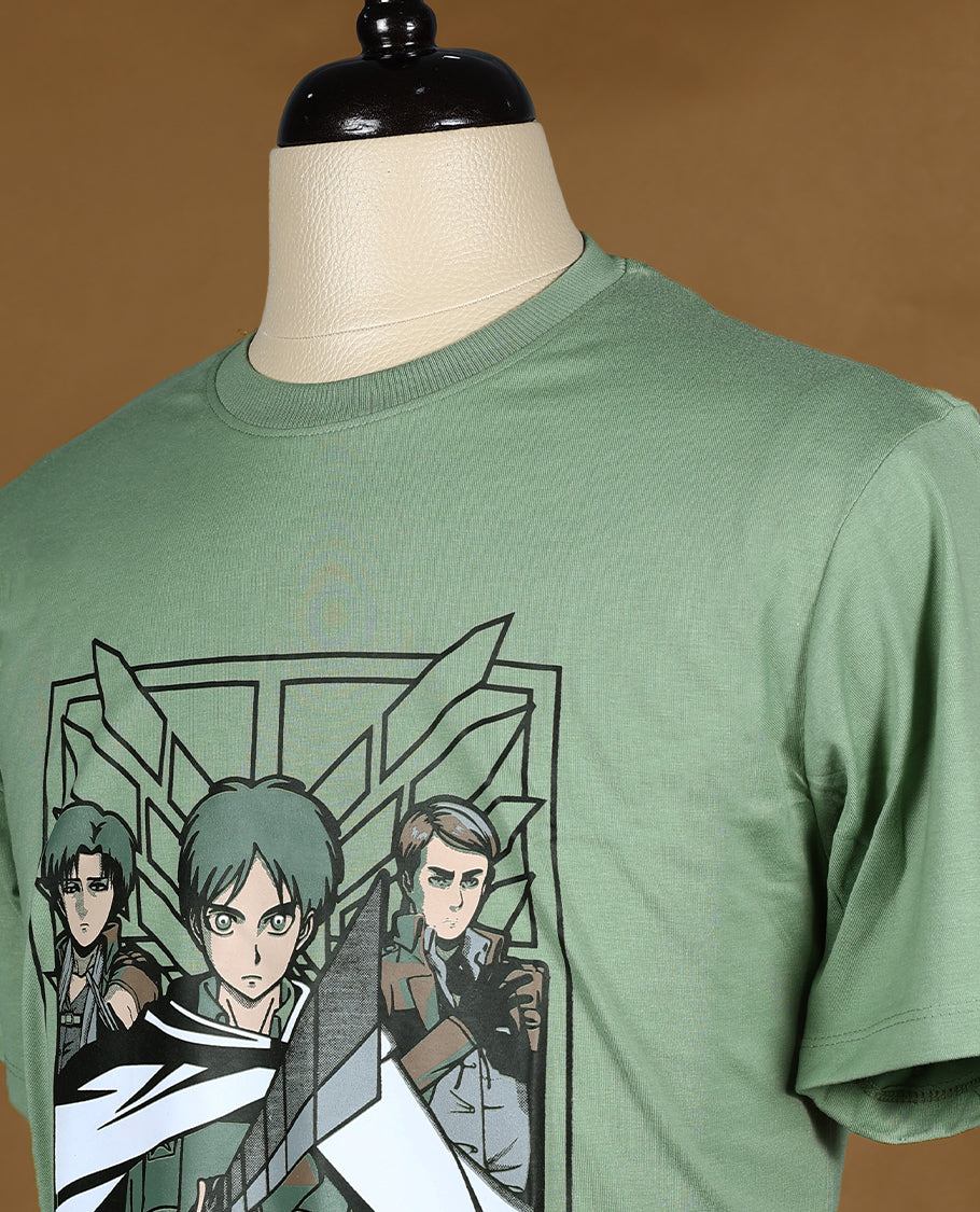 Pastel Green colour men's T shirt featuring bold anime character print with Japanese text, made from soft fabric with half sleeves and a crew neck for a stylish and comfortable fit