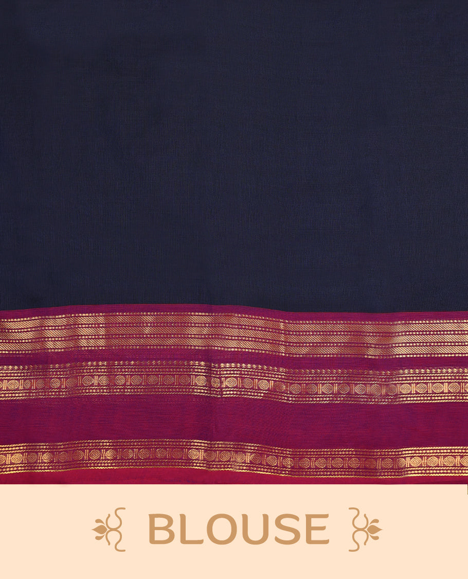 Navy Blue Colour Mixed Chettinad Cotton Saree having plain Body with Ganga Jamuna Border and Self Coloured Blouse