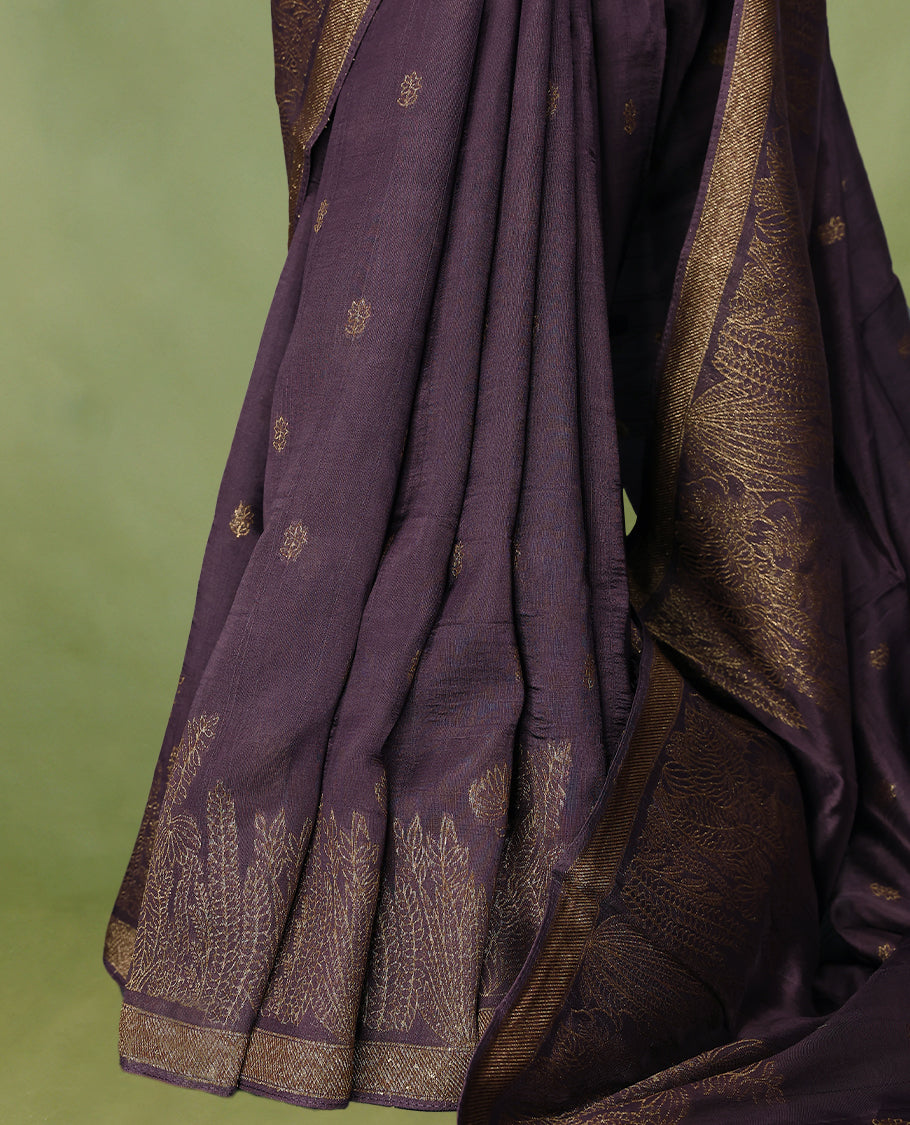 Black Currant semi-Banaras tussar georgette saree adorned with antique zari floral motifs on the body, beautifully highlighted with a pencil art garden-inspired border, paired with a matching blouse.