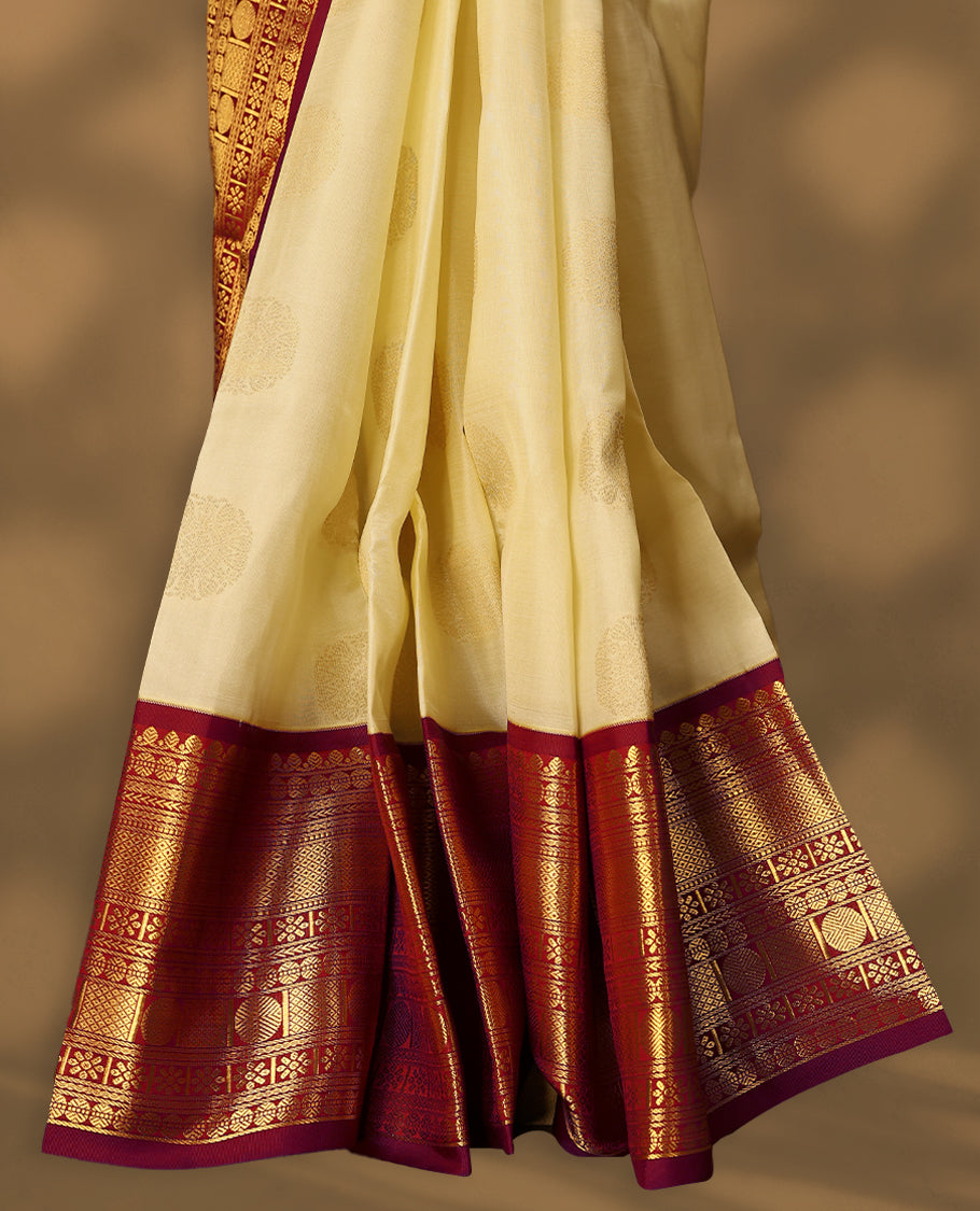 Cream Colour Vasundhara Silk Saree having Golden Round Thread Buttas in Body with Dark Red Border and Blouse