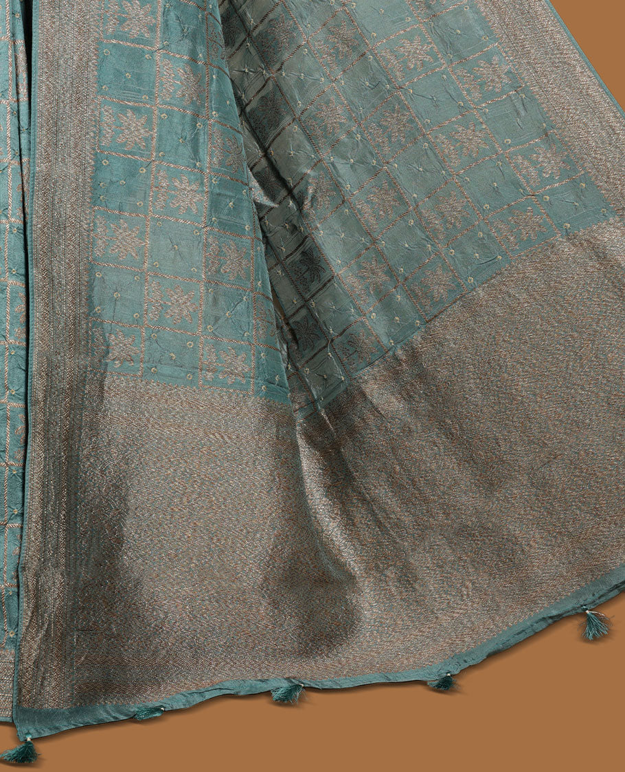 Blue Green colour Banarasi Bandhani silk saree featuring with intricate Banarasi motifs on body, complemented by antique zari woven border and grand pallu, paired with matching blouse