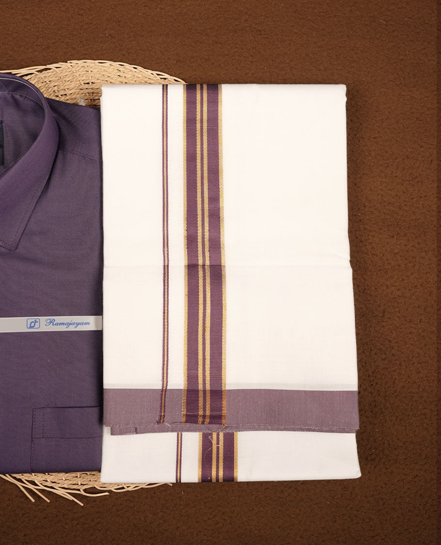 Grape Purple Colour shirt paired with a matching dhoti, finished with a purple and gold border.