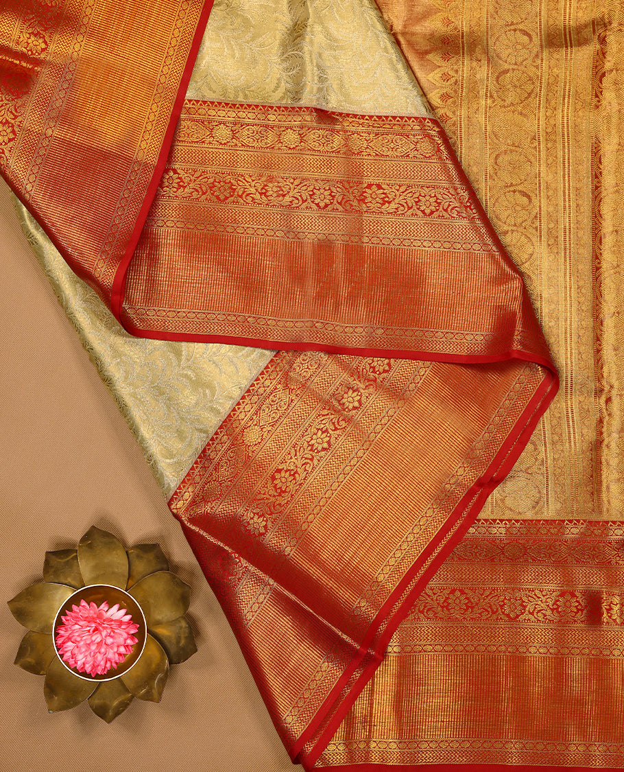 Light Gold Colour Tissue Wedding Silk Saree having Flora Jaal Worked Body with Contrast Border and Blouse