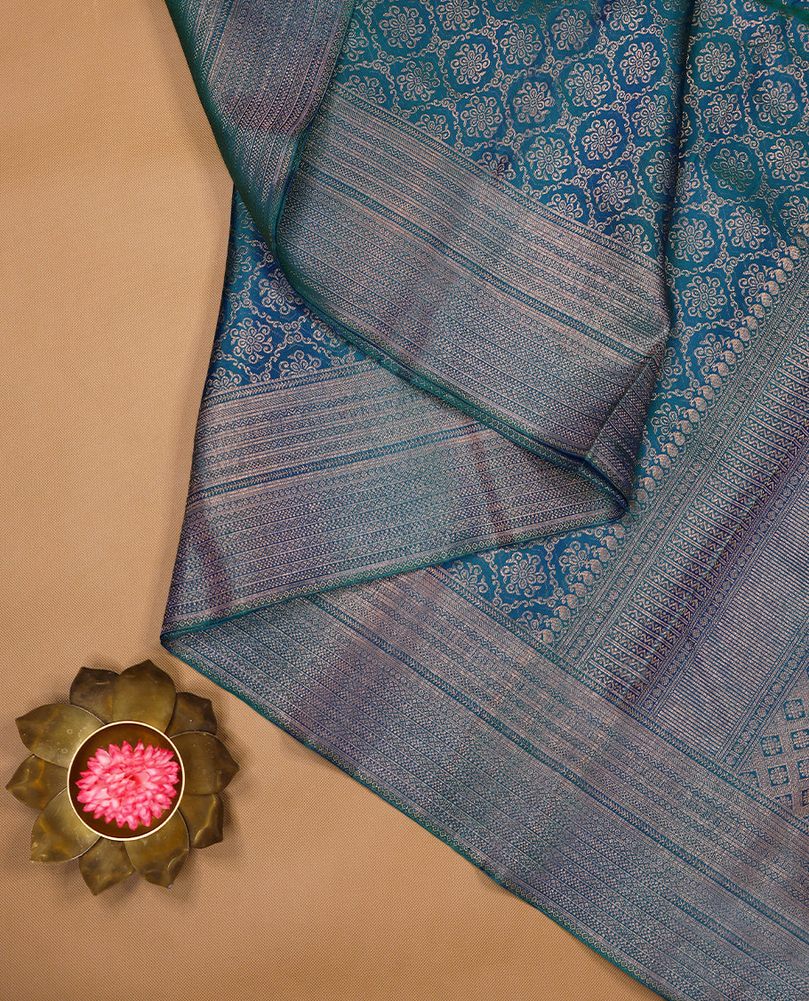 Peacock Blue Colour Kancheepuram Wedding Silk Saree having Floral Zari Worked Body with Border and Self Coloured Blouse
