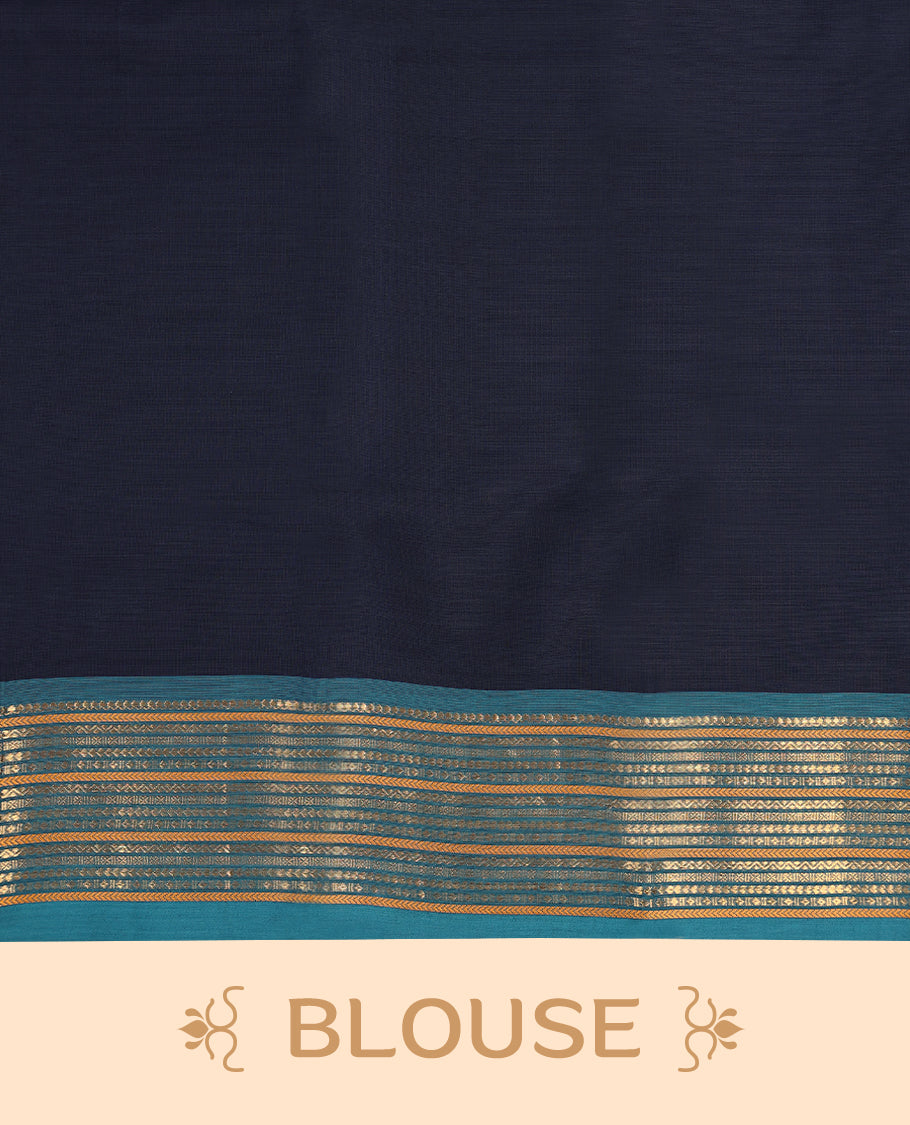 Dark Blue Colour Mixed Chettinad Cotton Saree having plain Body with Ganga Jamuna Border and Self Coloured Blouse