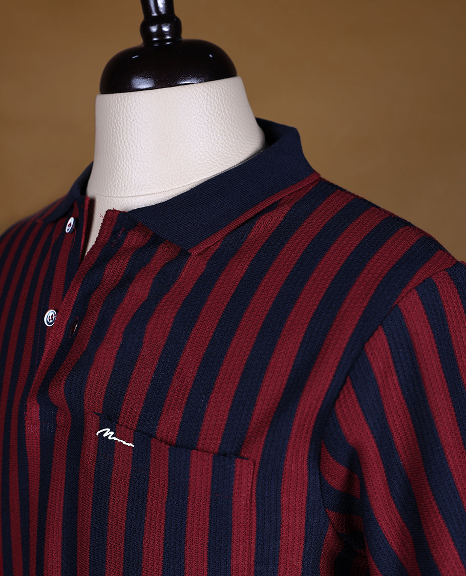 Maroon and Navy Blue Striped BRANDMOVER Half Sleeve T-Shirt for Men