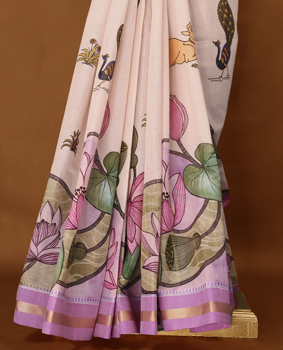 Off white and Light Purple Colour lightweight khadi cotton saree with earthy-coloured digital floral prints on the Body and pallu, paired with a matching blouse.